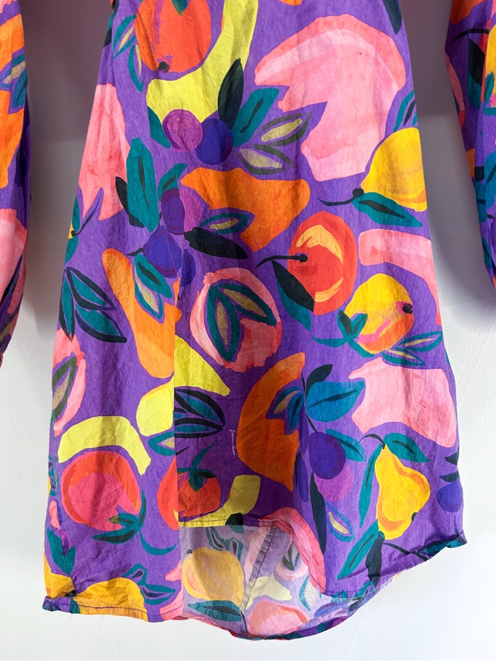 Farm Rio Vibrant Purple Long Sleeve Poplin Cotton Cut Out Mini Dress Fruit Print - Picture 5 of 11